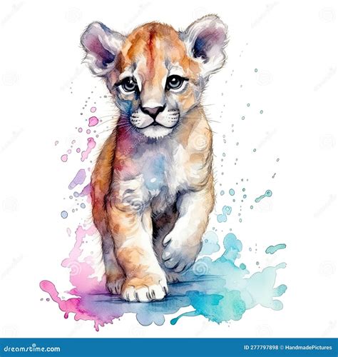 Baby Cougar Watercolor With Ink Outline On White Background High