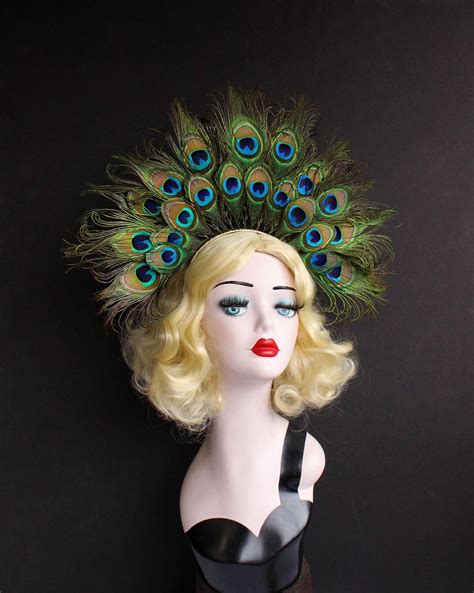 peacock feather crown headband showgirl headdress burlesque etsy showgirl headdress feather