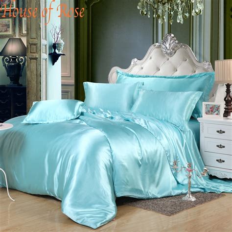 Luxury Sky Blue Silk Bedding Sets 4pc Comforter Set Duvet Cover Sets