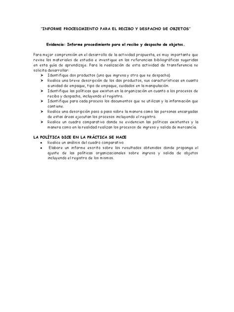 Informe Procedimiento Para El Recibo Y Despacho De Objetosdocx Leche