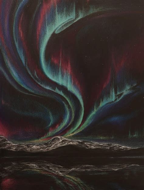 Northern Lights With Colored Pencils On Black Paper Rdrawing
