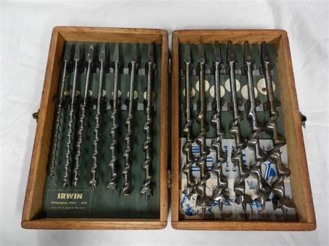 Vintage Irwin Auger Bit Set 13 Piece Dovetailed Oak Box Antique Price Guide Details Page