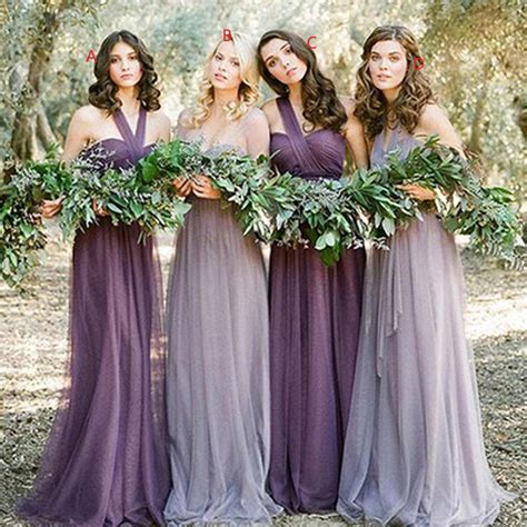 Awesome Long Mismatched Tulle Bohemian Purple Bridesmaid Dresses