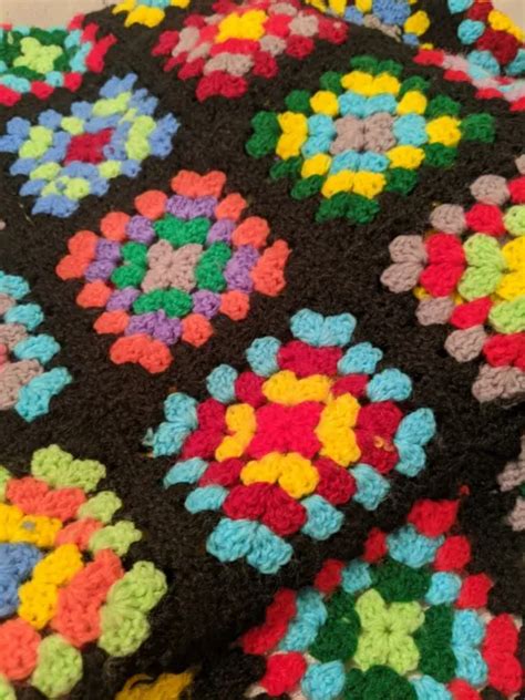 Vintage Granny Square Afghan Blanket Sofa Throw Crocheted Black