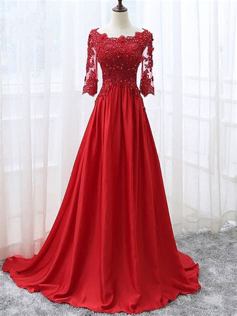 beautiful red satin and lace 1 2 sleeves party gown red prom dress on luulla