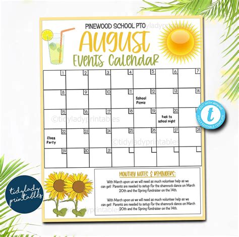 Editable August Events Calendar School Year Fundraiser Event