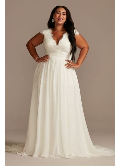 Lace Illusion Back Chiffon Plus Size Wedding Dress David S Bridal In 2021 Plus Wedding