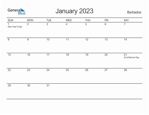 January 2023 Calendar With Barbados Holidays