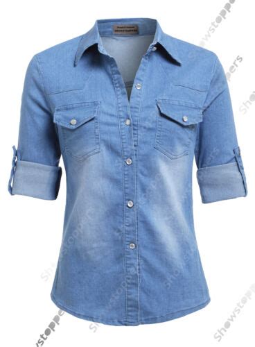 New Womens Denim Shirt Ladies Classic Fitted Shirts Size 8 10 12 14