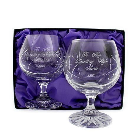 Pair Of Personalised Lead Crystal Wedding Brandy Glasses Personalised