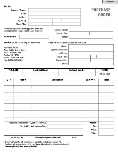 Printable Purchase Order Form Template Printable Templates