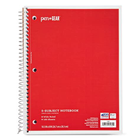 Pen Gear 5 Subject Spiral Notebook Wide Ruled Red 180 Sheets