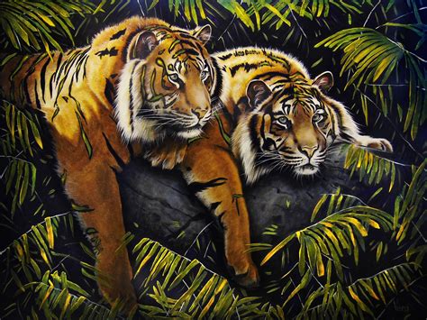 Pair Of Tigers Original Oil Painting Wild Tigers In Jungle Etsy