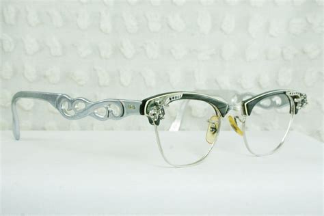 50s Cat Eye Glasses 1960s Rhinestone Eyeglasses Gray Pearl Browline