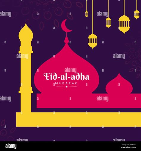 Eid Al Adha Mubarak Greeting Wish Poster Card With Lantern And Mosque