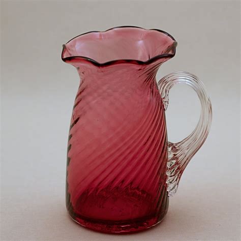 Pilgrim Cranberry Glass Ruffled Rim Pitcher With Optic Swirl The Townhouse Antiques And Vintage