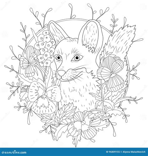 Stylized Cartoon Wild Fox Animal And Violet Flowers Freehand Sketch