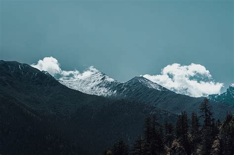 Landscape View Of Mountains Peak Trees Under White Clouds Sky Nature