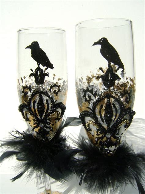 gorgeous wedding champagne glasses with black raven by purebeautyart elegant halloween