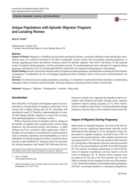 Unique Populations With Episodic Migraine Pregnant And Lactating Women