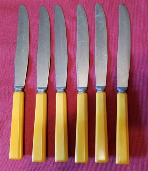 6 Vintage Butterscotch Bakelite Handle Knives Washington Forge Ebay