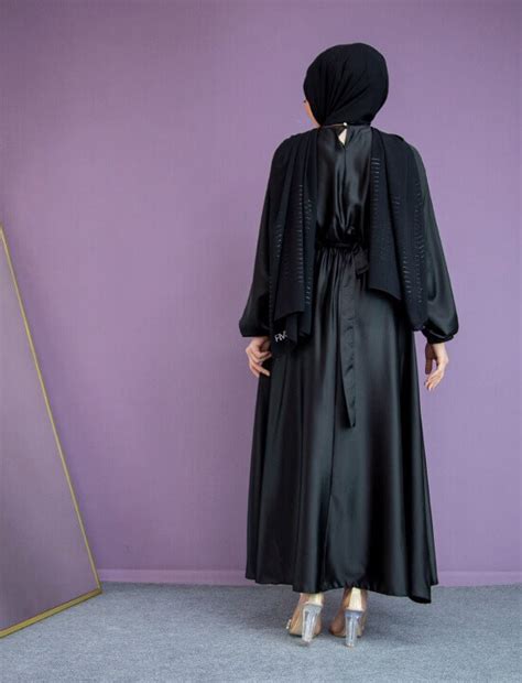 Nude Saten Mevlana Abiye Elbise Siyah