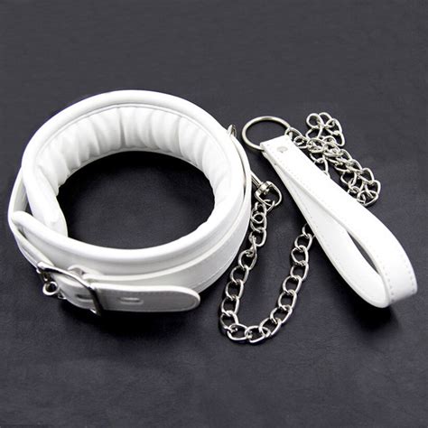 Bondage White Padded Sex Product Leather Slave Collar Sex Restraint Neck Collar With Metal Chain