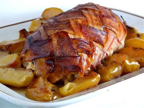 Sausage Stuffed Bacon Wrapped Pork Tenderloin With Roasted Apples