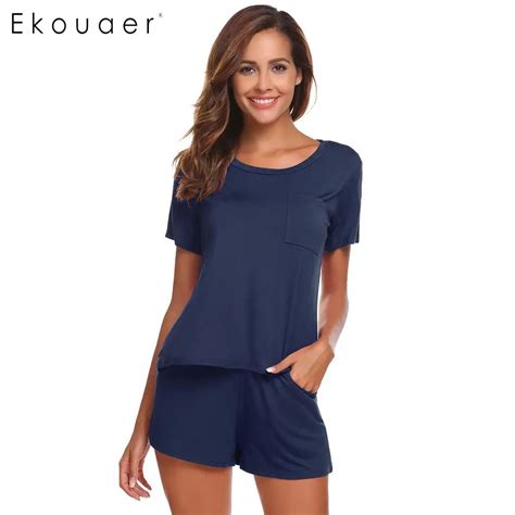 Ekouaer Women Pajama Sets Round Neck Short Sleeve Solid Sleepwear Pockets Shorts Nighties