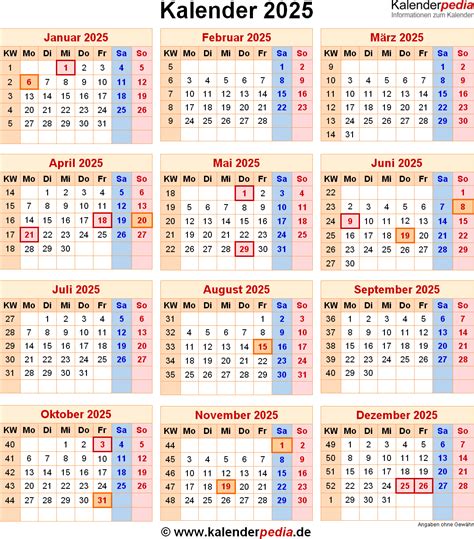Kalender 2025 Mit Excelpdfword Vorlagen Feiertagen Ferien Kw
