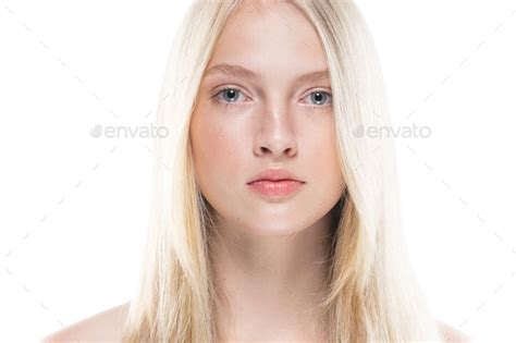 Close Up Face Woman With Beauty Skin And Beautful Blond Hair Isolated On White Stock Photo By