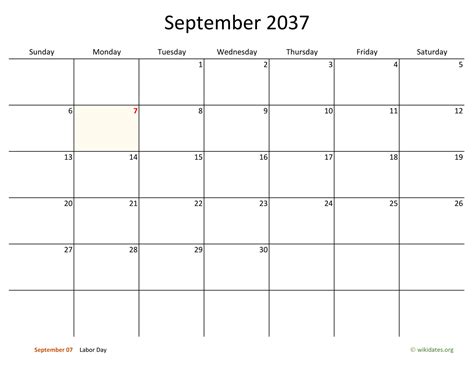 September 2037 Calendar With Bigger Boxes