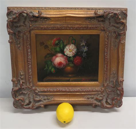 Still Life Painting With Flower Signed By Artist Ornate Gilt Frame 17