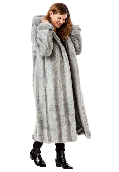 Roamans Roamans Plus Size Full Length Faux Fur Coat With Hood