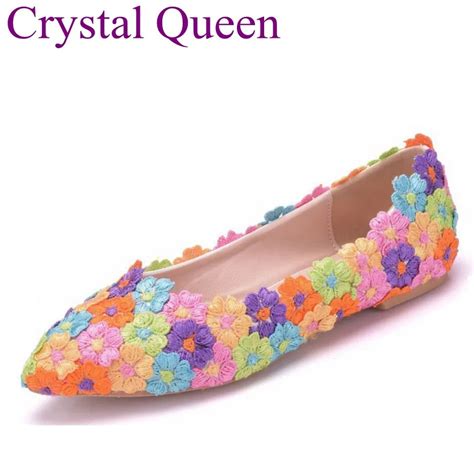 Crystal Queen Spring Fashion Colorful Lace Wedding Shoes Flats Pointed