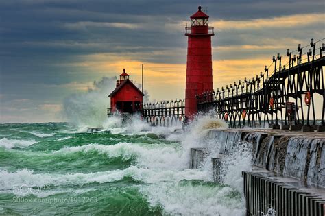 September Gale Grand Haven Breakwater Lighthouse Is Located In The