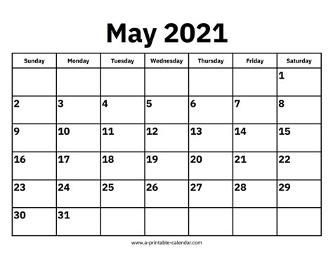 May 2021 Calendar A Printable Calendar