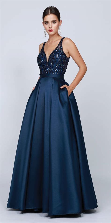 Juliet 682 Navy Blue Beaded Top Long Prom Dress With Cut Out Back