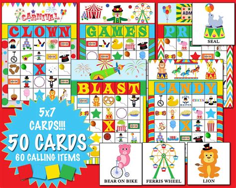 Carnival Bingo 50 Cards Circus Bingo Carnival Games School Carnival