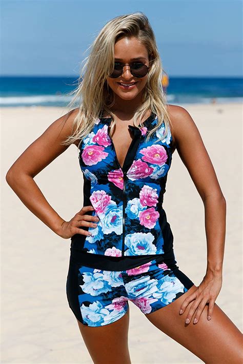 Women Floral Zip Front Sporty Sexy Tank Tankini Tops Black Blue Size K Sl Ebay