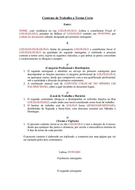 Modelo De Termo De Contrato De Trabalho Atividades De Trabalho