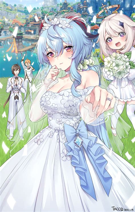 Safebooru Blue Hair Blue Ribbon Blush Breasts Bridal Veil Bride Dress Flower Ganyu Genshin