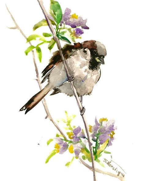 A Watercolor Painting Of A Bird Sitting On A Branch With Purple And