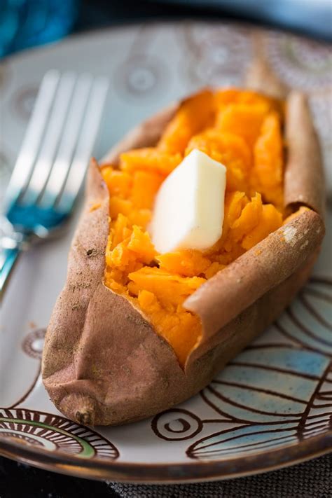 Pour some olive oil into your hands and rub over the potatoes, then scatter over split the baked potatoes in half and scoop out most of the fluffy flesh with a fork into a bowl. The Secret to Baked Sweet Potatoes • Recipe for Perfection