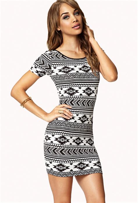 forever 21 tribal print bodycon dress in gray lyst