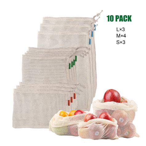 10pcs Reusable Natural Cotton Mesh Produce Bags Grocery Storage