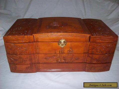 Vintage S Large Asian Carved Wooden Jewelry Box For Sale In United