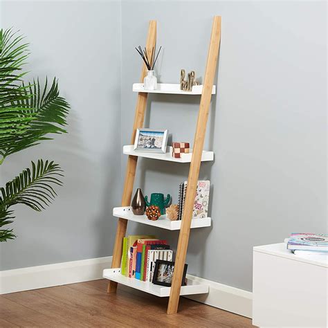 Hartleys White And Bamboo 4 Tier Ladder Shelf Home And Garden Store Bookcases