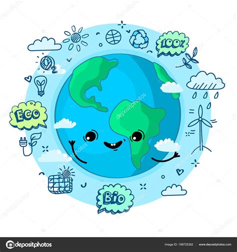 Concept Ecology Happy Earth Day Cartoon Earth Smiling Hand Drawn Stock