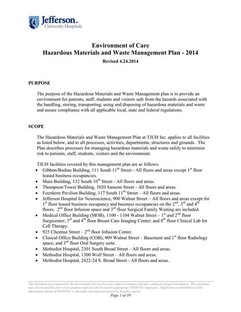 Environment Of Care Hazardous Materials And Waste Management Plan 2014